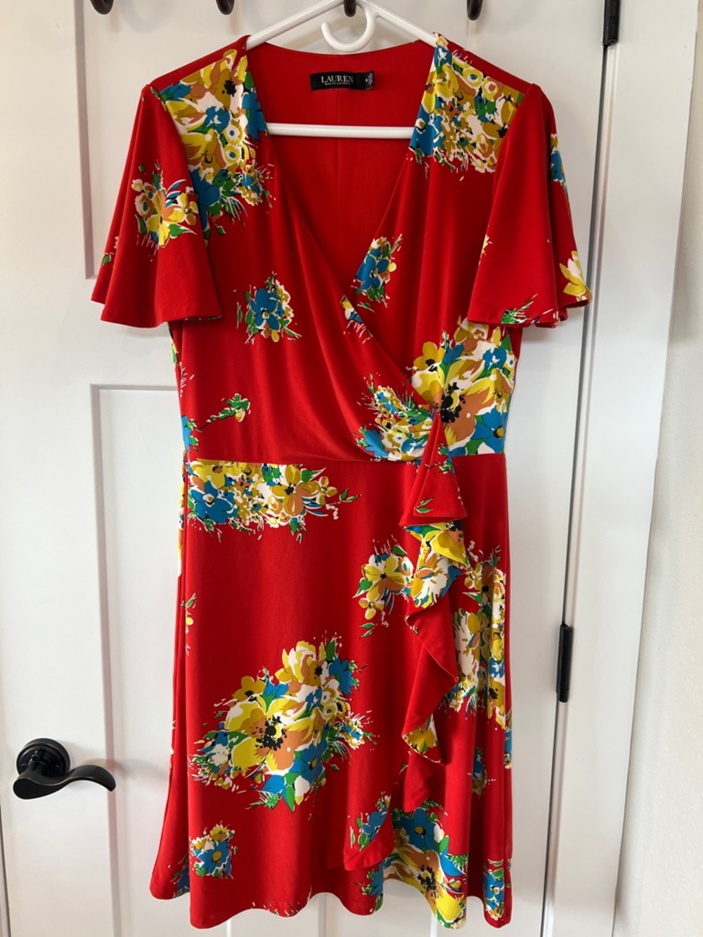 Lauren Ralph Lauren Red Floral Wrap Dress Size 10 Ruffle V Neck